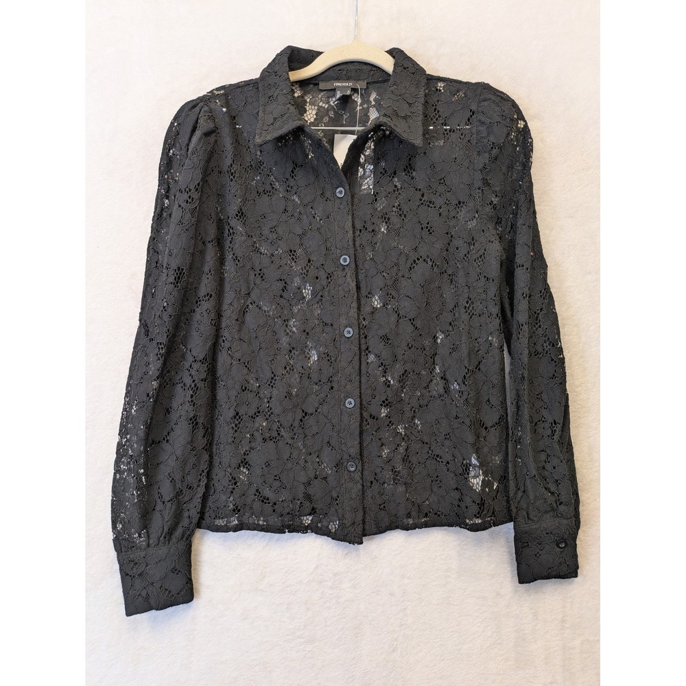 NEW Forever 21 Women's Size S Black Lace Button Up Shirt Puff‎ Sleeves